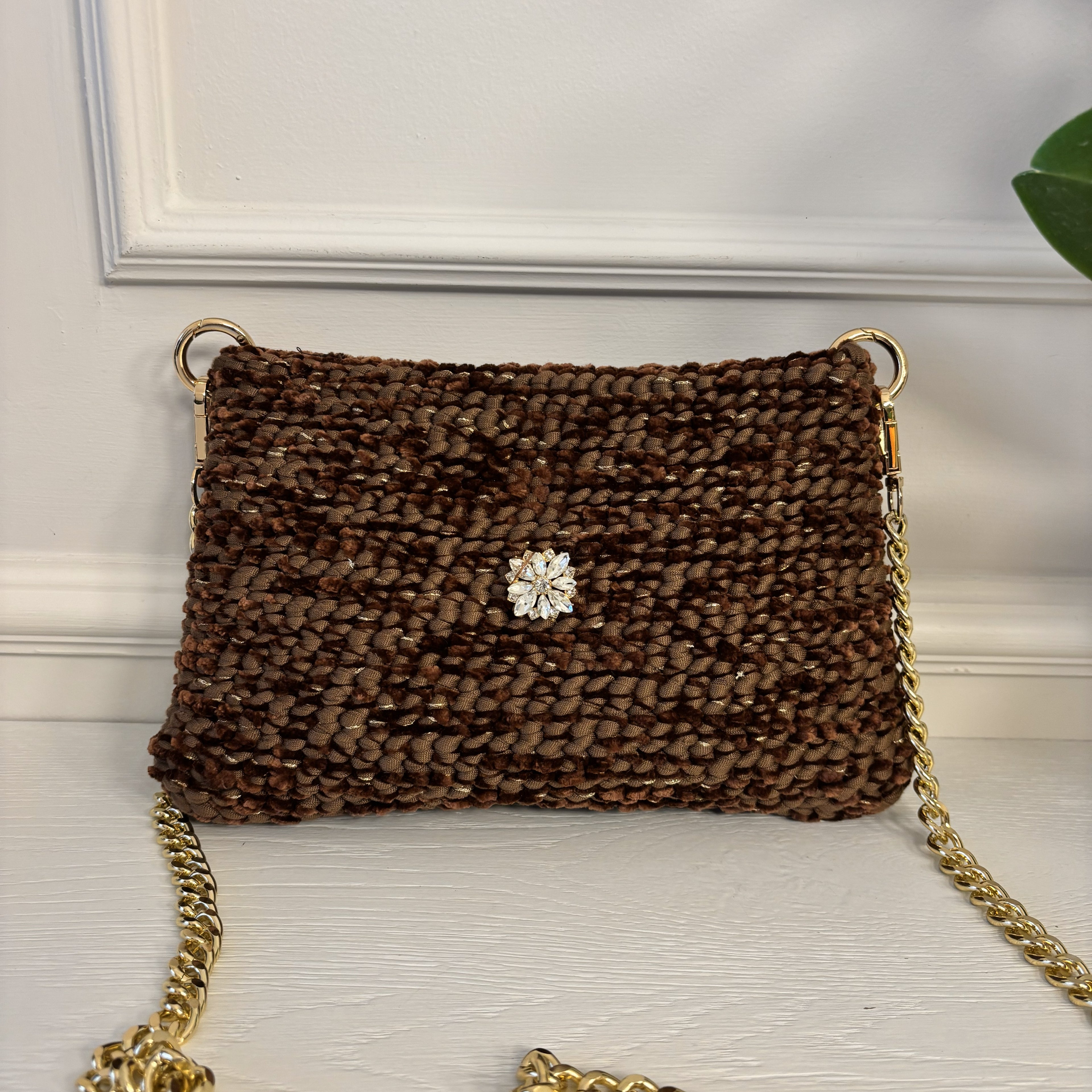 Borsa Notte Stellata ciniglia alpaca caramel con lurex oro