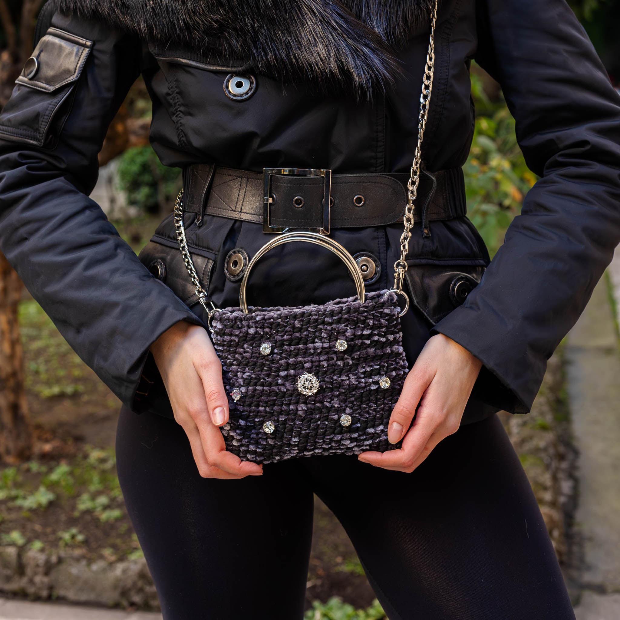 Borsa Black Diamonds dettaglio bottone gioiello