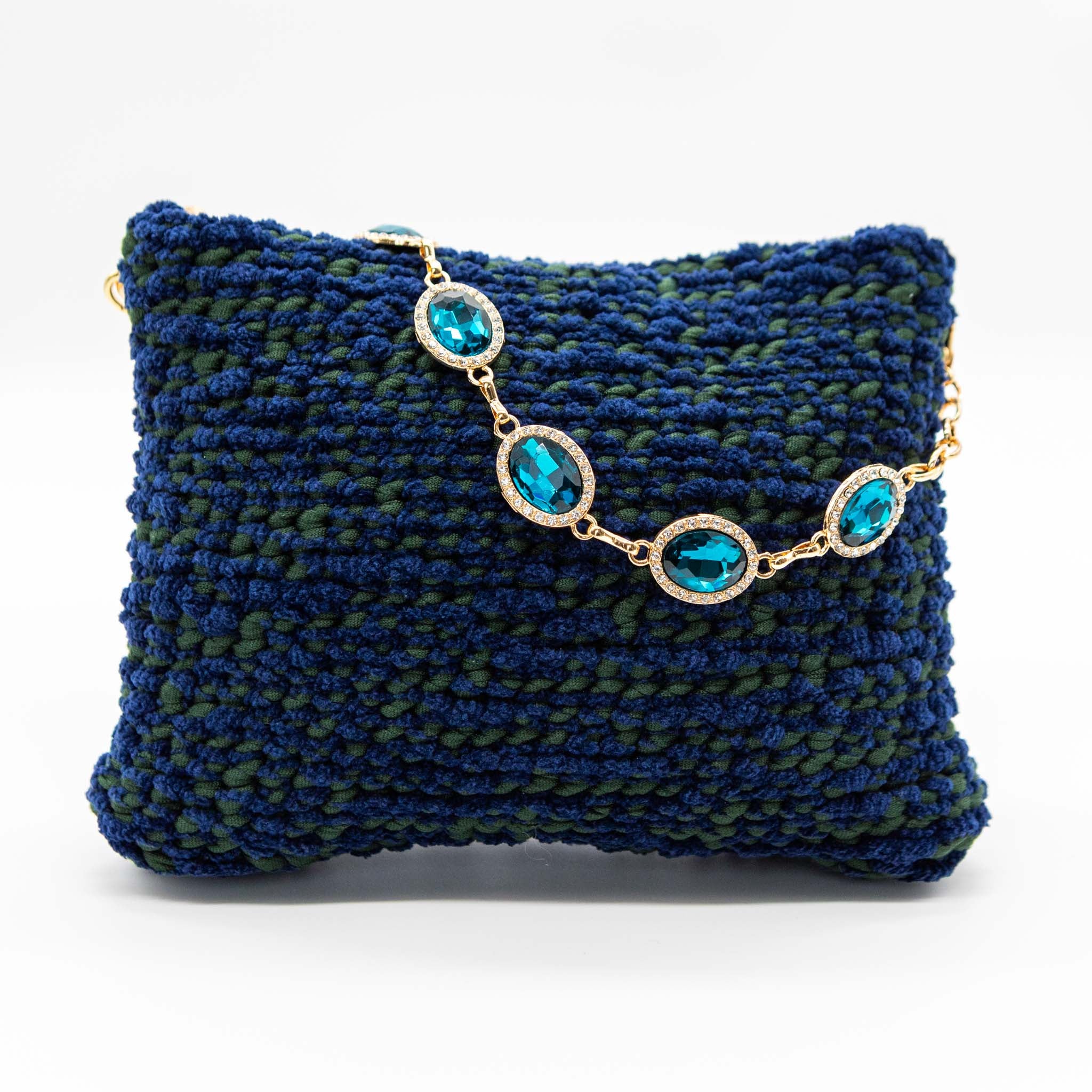 Borsa Velvet Diamond Blu verde con manico gioiello