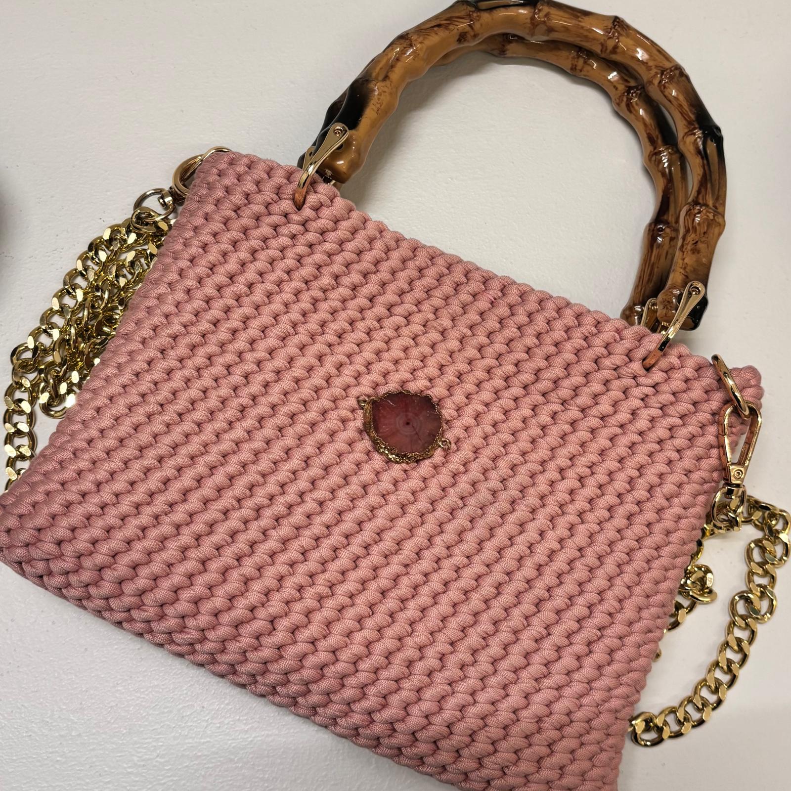 Borsa Cotton Pink-Stone rosa con manici bambù