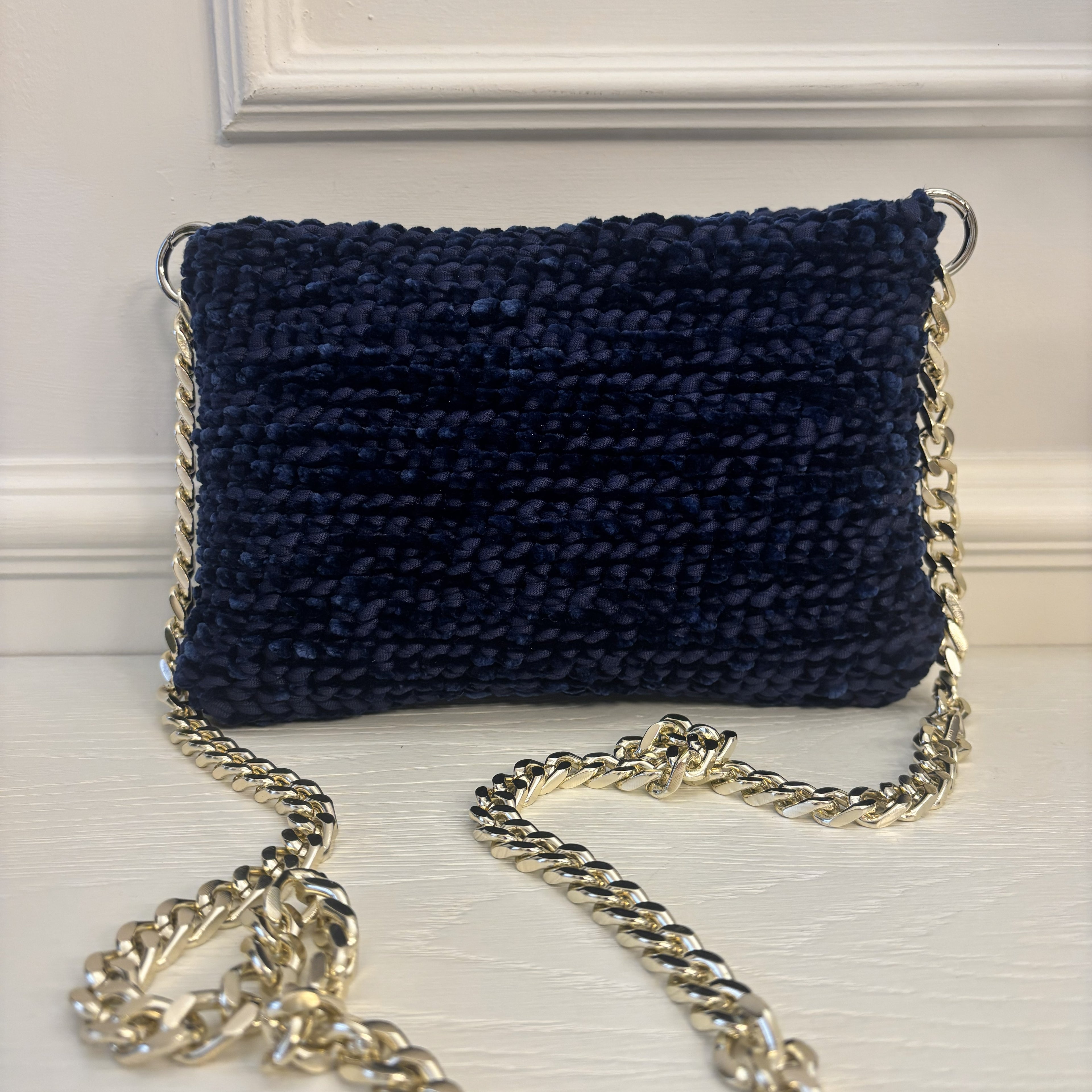 Borsa Double Blu dark ciniglia con tracolla metallo