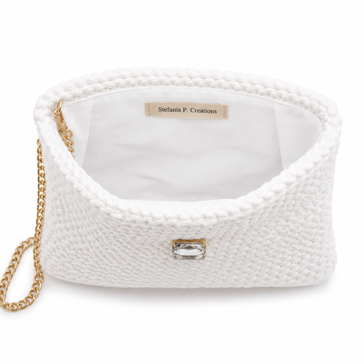 ECLISSI - Pochette Bianca Artigianale con Catena Dorata e Chiusura Gioiello