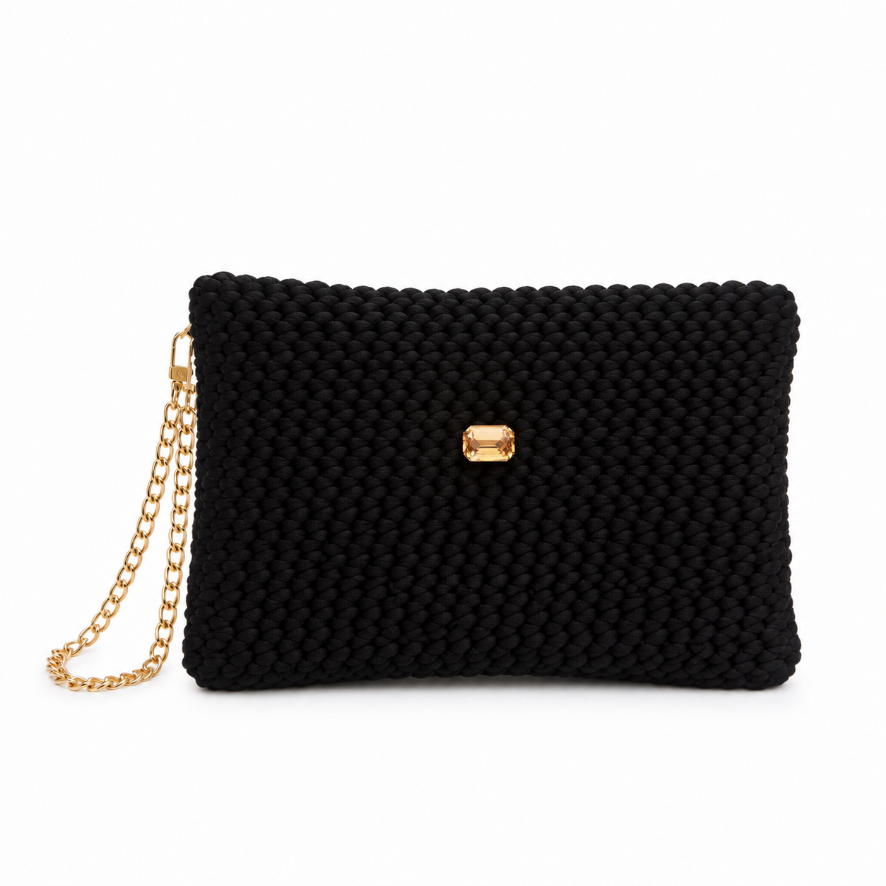 MIDNIGHT CHIC - Pochette Nera Artigianale con Cristallo e Catena Dorata