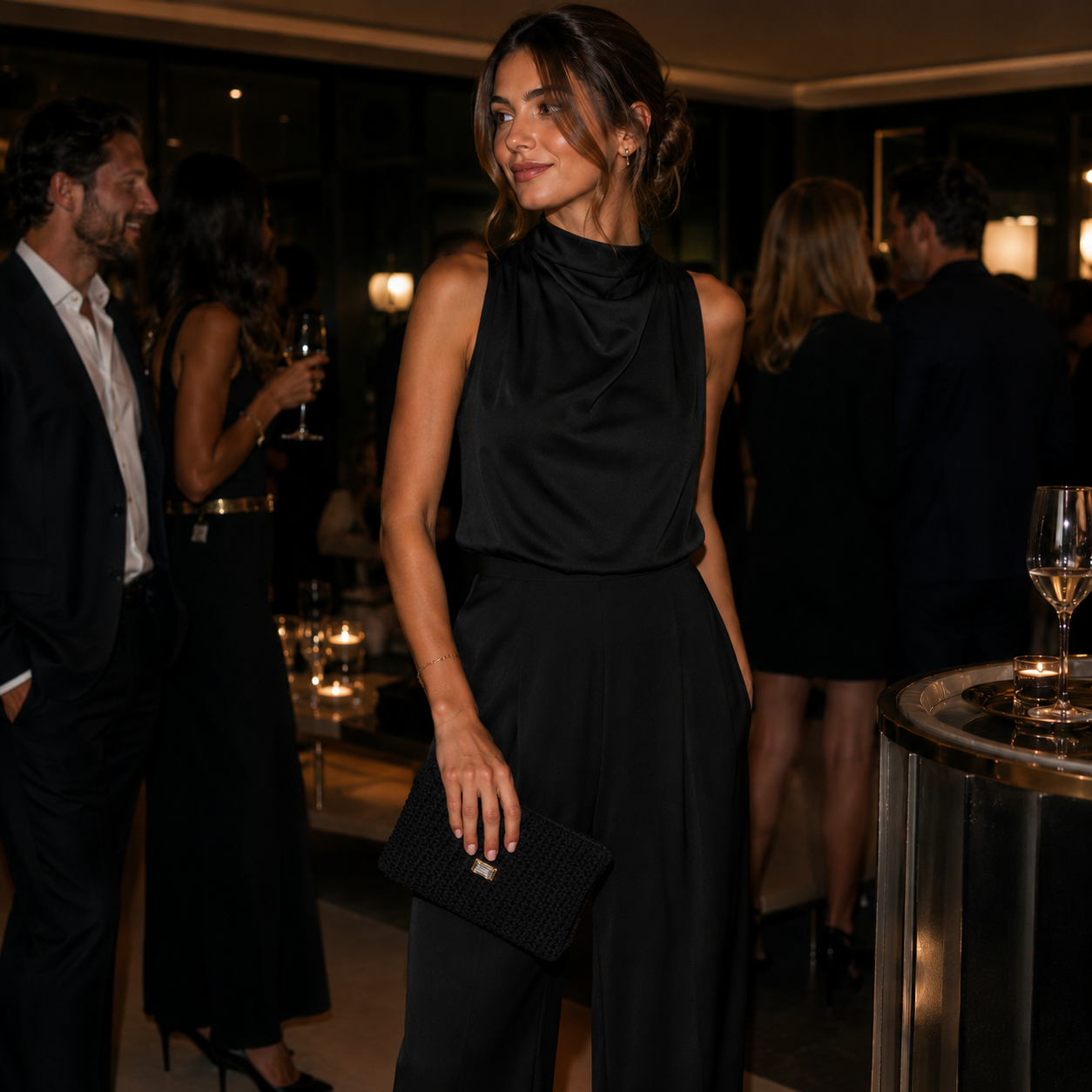 MIDNIGHT CHIC - Pochette Nera Artigianale con Cristallo e Catena Dorata