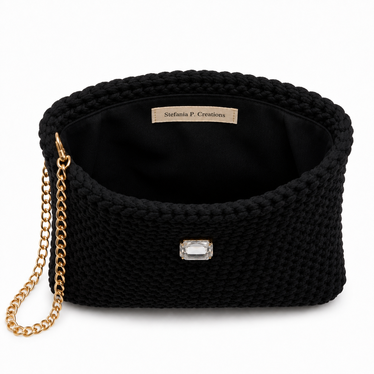 MIDNIGHT CHIC - Pochette Nera Artigianale con Cristallo e Catena Dorata