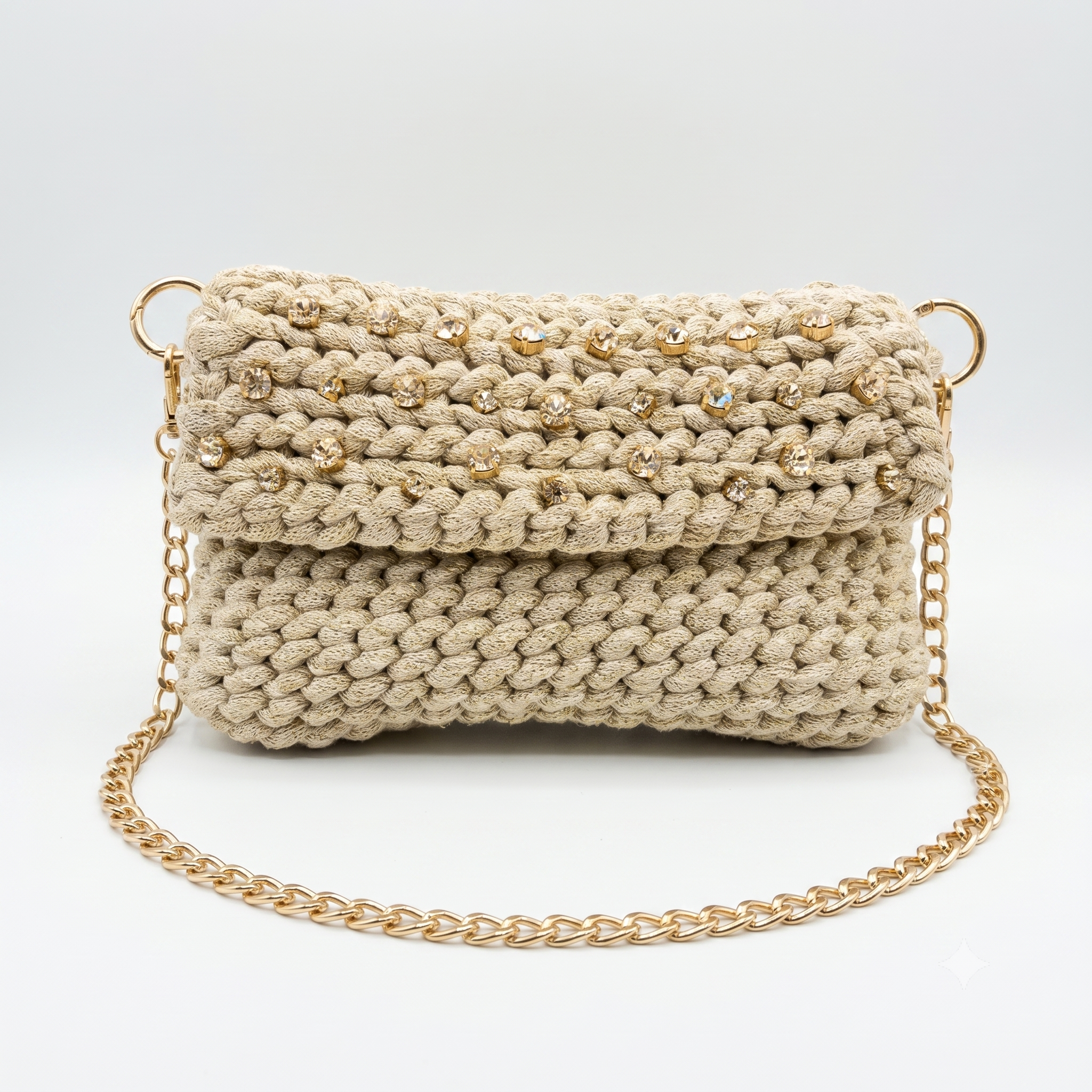 TRAMA DI STELLE - Borsa Crochet Beige con Cristalli e Catena Oro