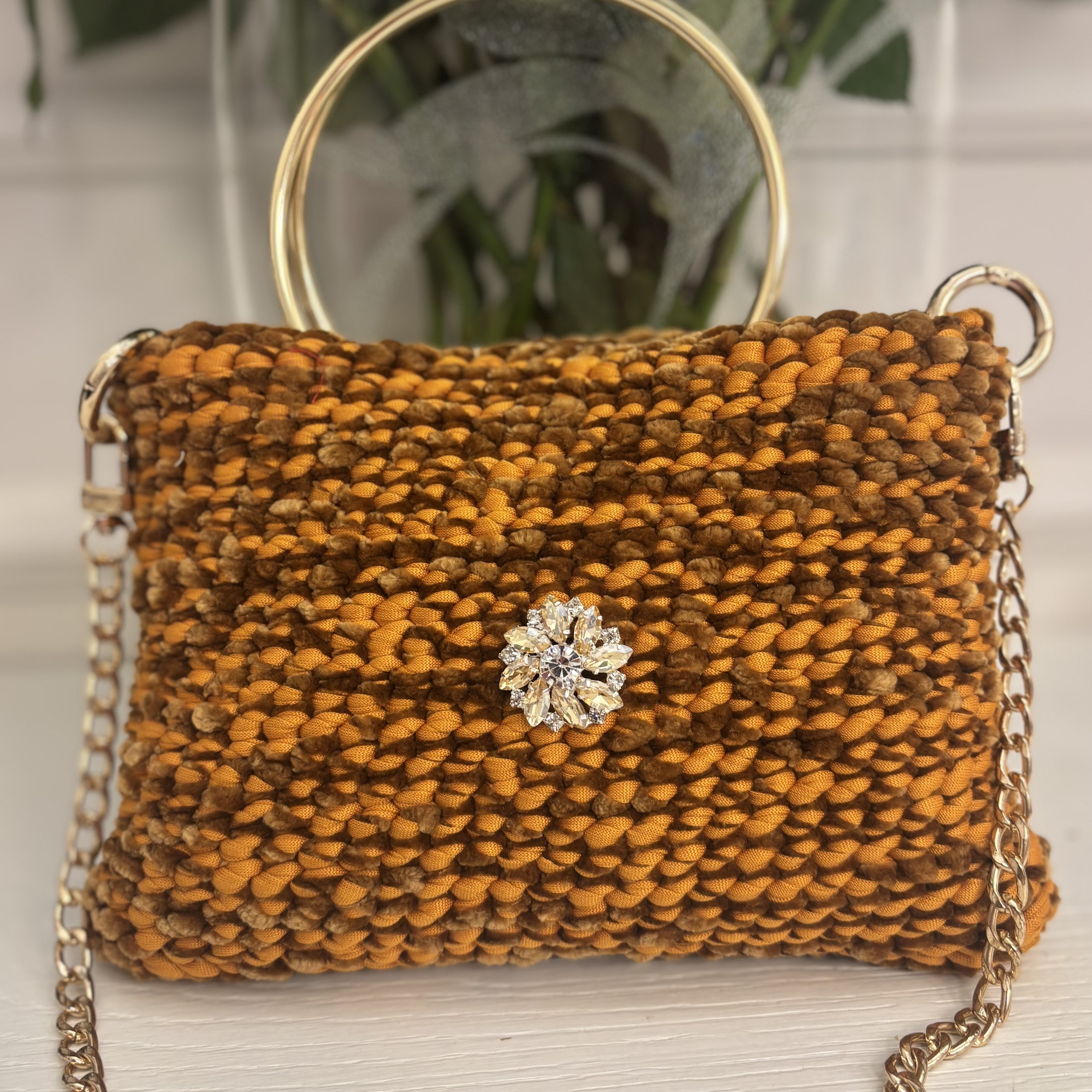 Borsa Occhio di Tigre arancione e caramel con manici metallo