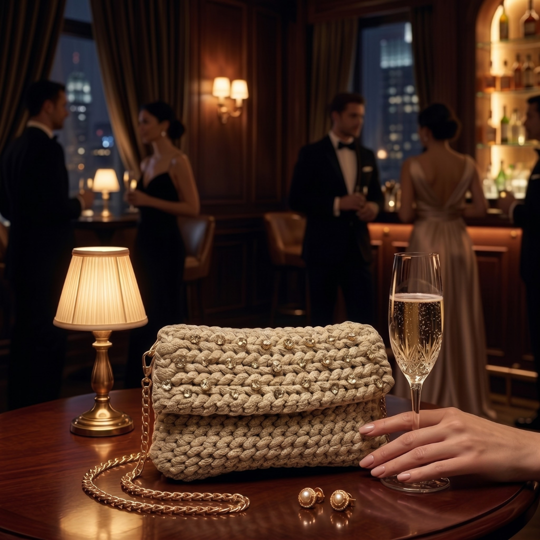 TRAMA DI STELLE - Borsa Crochet Beige con Cristalli e Catena Oro